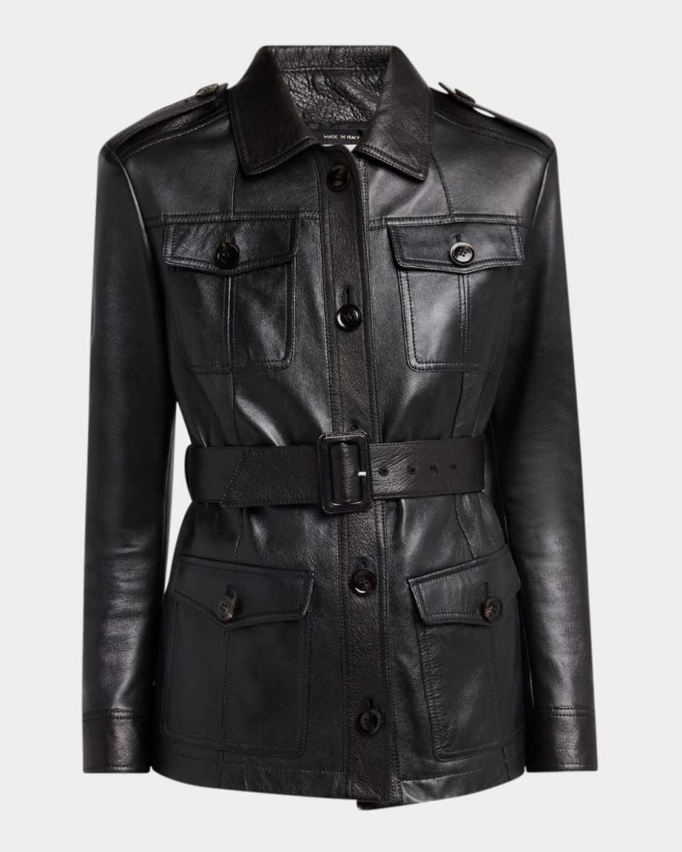 Belted Button Down Leather Jacket